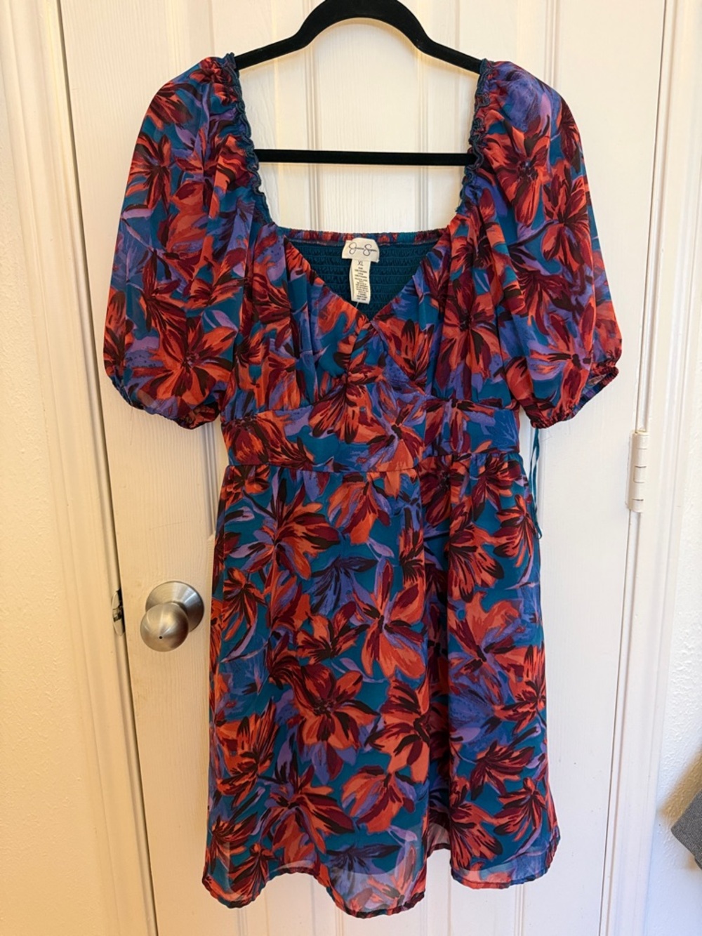 Jessica Simpson Blue and Red Floral Puff-Sleeve Mini Dress